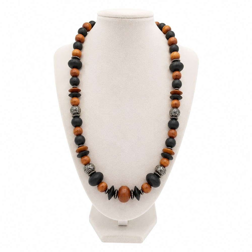 Tribal Boho 28" Wood Bead Necklace Brown Black Botanical Harvest Philippines